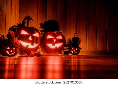 Halloween pumpkin head jack lantern over shining background. Halloween celebration background with empty space. Dark spooky season autumn backdrop. Happy halloween scene for advertising product - Powered by Shutterstock