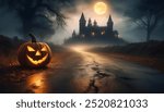 Halloween pumpkin lattern with medieval castle on background