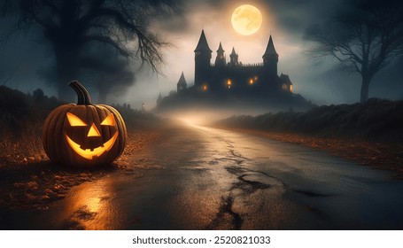 Halloween pumpkin lattern with medieval castle on background