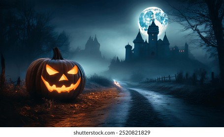 Halloween pumpkin on abandoned old road and medieval castle on the background