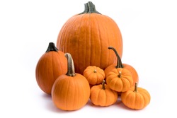 A Halloween Pumpkin, Pie Pumpkins And Decorative Pumpkins Isolated On White
