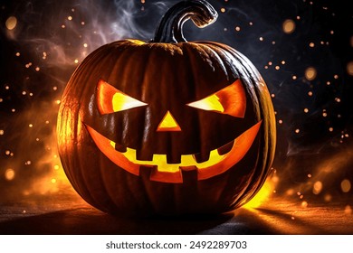 Halloween pumpkin smile and scary eyes for party night. Close up view of scary Halloween pumpkin with eyes glowing inside at black background. - Powered by Shutterstock