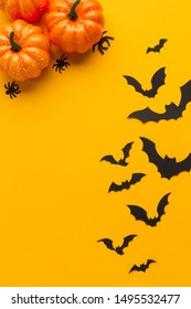 Halloween Pumpkins And Bats With Orange Background