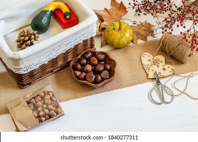 Halloween Pumpkins, Nuts And Craft Handmade Things, Beauty Gift Package Concept. Presents Packed In Craft Gif Box, Zero Waste Life Style. 