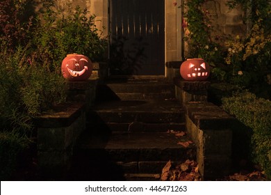 Halloween Pumpkins On A Door Steep