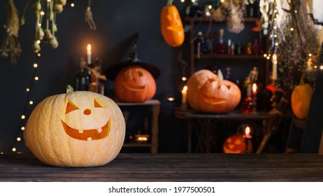 Halloween Pumpkins On Old Wooden Table On Background Halloween Decorations