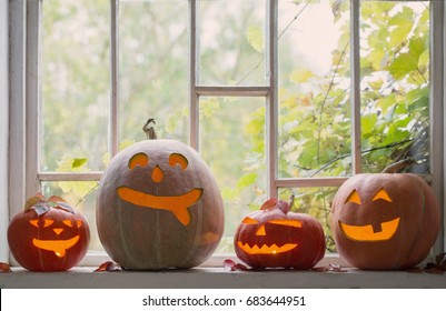 Halloween Pumpkins On Window