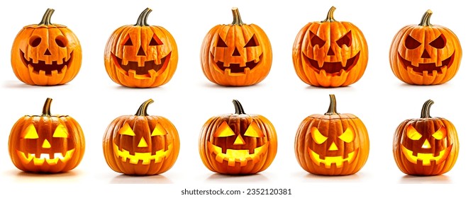 Halloween Pumpkins set, isolated on white background. Jack o Lantern Pumpkin with spooky faces. Halloween pumpkins collection. Glowing jack o lantern pumpkin collection set on white background.  - Powered by Shutterstock