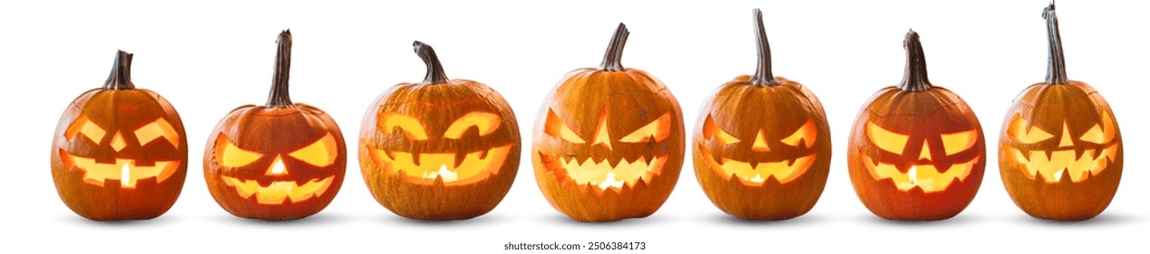 Halloween Pumpkins set, isolated on white background. Jack o Lantern Pumpkin with spooky faces. Halloween pumpkins collection - Powered by Shutterstock