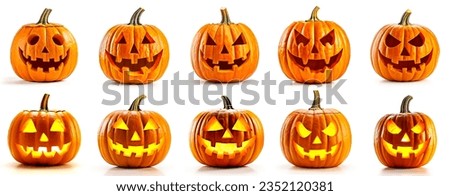 Halloween Pumpkins set, isolated on white background. Jack o Lantern Pumpkin with spooky faces. Halloween pumpkins collection. Glowing jack o lantern pumpkin collection set on white background. 