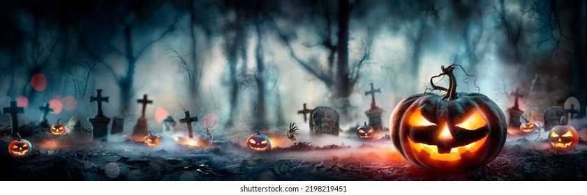 Halloween - Pumpkins In Spooky Forest With Tombs At Night -  Abstract Defocused Background - Shutterstock ID 2198219451