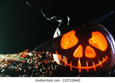 Halloween Pumpkins At Wood Background For Hallowen Pumpkin Party 2018.