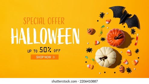 Halloween sale banner with Halloween decorations - flat lay - Shutterstock ID 2206410887