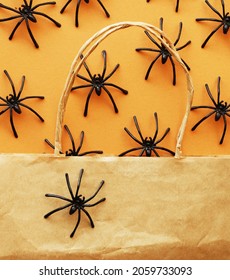 Halloween Sale Offer. Paper Bag And Spider Flat Lay. Scary Sale Instagram Post. Square Size