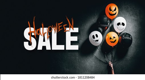 Halloween Sale Special Offer Banner With Scary Air Balloons For Halloween Over Dark Background