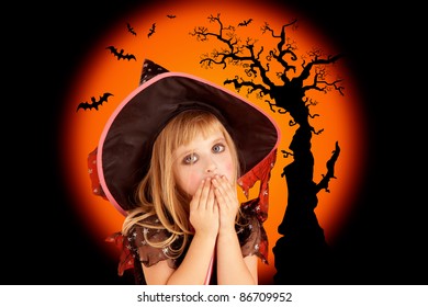 Halloween Scared Kid Girl On Orange Background [Photo Illustration]