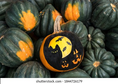 Halloween Scene Of  A Cat, Bats And Pumpkins Painted Black On Orange Pumpkin With Acorn Squash In The Background.