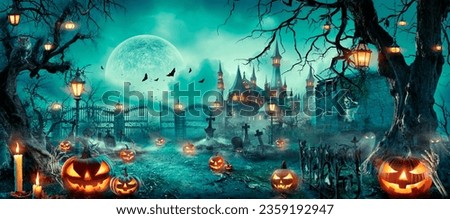 Halloween Scene - Party Of Pumpkins And Zombies In Graveyard At Moonlight - Contain Moon 3D Rendering - Unrecognizable, Deformed And Church with Reassembled Parts