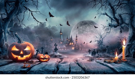 
Halloween Scene - Pumpkin On Table In Cemetery At Moonlight - Contain Unrecognizable, Deformed And Defocused Church With Reassembled Part - Powered by Shutterstock