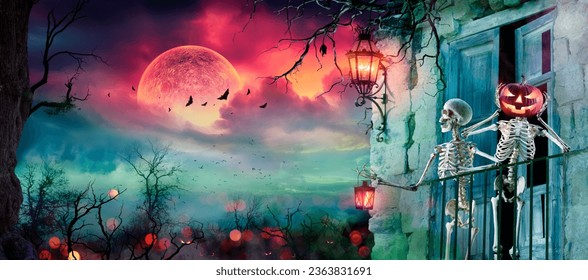 Halloween Scene - Skeletons In Haunted House At Moonlight - Contain Moon 3D Rendering