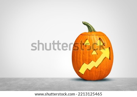 Halloween season Inflation concept as Autumn pumpkin symbol with an upward leaning financial chart arrow representing rising Fall seasonal prices and the rising costs as a funny jack o lantern.
