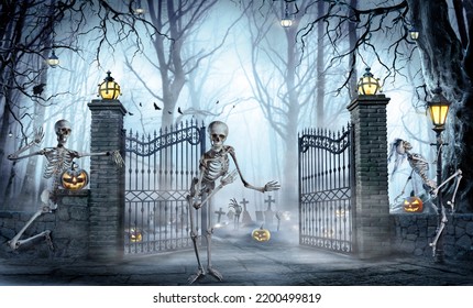 Halloween - Skeleton Inviting A Zombies Party In Cemetery With Foggy Forest - Shutterstock ID 2200499819