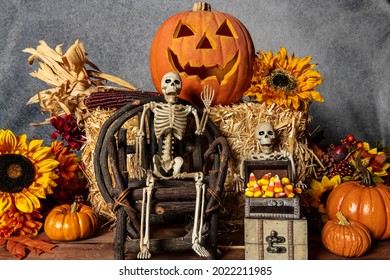 Halloween with skeletons candy corn jack o lantern fall pumpkins and autumn sunflowers