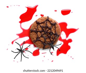 Halloween Spiderweb Cookie And  Spilled Jam On White Background