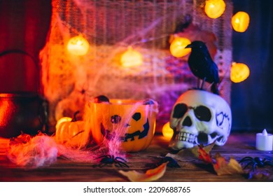 Halloween still-life background with a lot of different elements