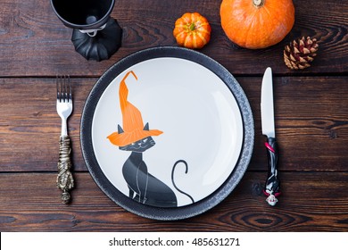 Halloween Table Setting Decoration. Top View. Copy Space