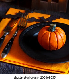 Halloween Table Setting With Pumpkin.