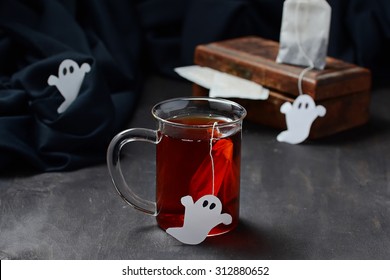 Halloween Tea With Ghost Tea Bag. Selective Focus