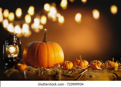 Halloween or Thanksgiving background with fresh fall pumpkins on straw lit by a burning lantern and sparkling part lights behind with copy space