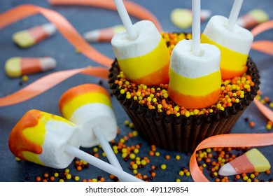 Halloween Or Thanksgiving Recipe Candy Corn Marshmallow Pops, Marshmallow On A Stick Dipped In Chocolate