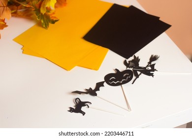 Halloween Theatre Of Shadows. Silhouette Of Pumpkin Jack O Lantern And Bat. Paper Dolls Cat, Witch. Child Craft Holiday Decor, Indoor Activity For Kids Party. Puppet Game, Storytelling Performance