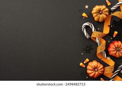 Halloween themed image featuring pumpkins, candy corn, black and white candy canes, orange ribbon, and decorative stars on a black background - Powered by Shutterstock