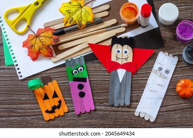 Halloween Toy Gift Stics Puppets On Wooden Table. Handmade. Project Of Children's Creativity, Handicrafts, Crafts For Kids.