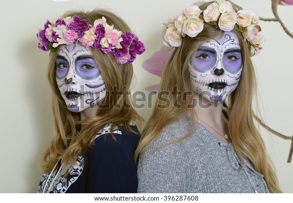 Halloween Two Blonde Girls Makeup Mexican Stock Photo Edit Now