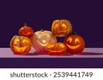 Halloween variety of happy face pumpkins gang on a pile like a singing choir in contrast orange and purple