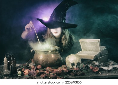 Halloween Witch Cooking A Potion In A Copper Cauldron