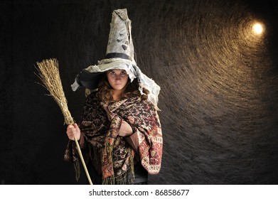 Halloween Witch With Hat And Broom And Pinhole Light