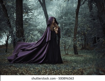Halloween witch hold old book vintage style. Gothic dress purple hood cape long train fly flutter wind. mystical power woman. Fantasy dark nature forest black tree Fashion medieval clothes costume