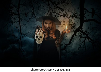 Halloween witch holding a skull standing over dead tree, crow, birds, full moon and spooky cloudy sky, Halloween mystery concept