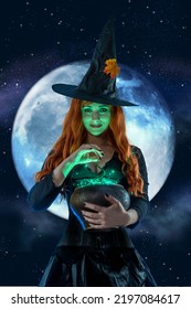Halloween Witch making witchcraft, preparing a magic potion in pot, spells. Female wizard fairy character for All Saints' Day. Fantasy gothic red-haired girl in carnival black dress. Woman enchantress - Shutterstock ID 2197084617