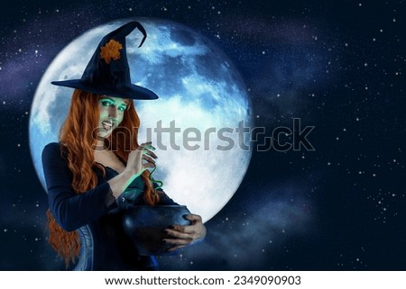 Halloween Witch making witchcraft, preparing a magic potion in pot, spells. Female wizard fairy character for All Saints' Day. Fantasy gothic red-haired girl in carnival black dress. Woman enchantress