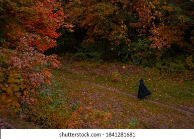 Halloween Witch Person Park Outdoor Aerial Scenery Top View October Time Soft Focus And Noise Pollution Concept Poster Photography