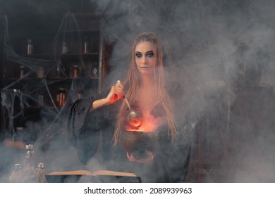 Halloween, Witch Use Magic Book And Cauldron Prepare Poison Or Love Potion. Black Magic Occult Female Wizard In Dark Room With Smoke, Spider Web. Necromancer Cooking Magic Potion. Looking Camera