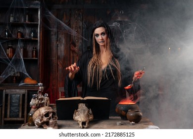 Halloween, witch use magic book and cauldron prepare poison or love potion. Black magic occult female wizard copy space for text - Shutterstock ID 2172885125