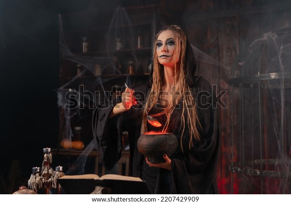 Halloween Witch Use Magic Book Cauldron Stock Photo 2207429909 ...