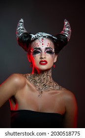 Halloween Woman With Horns.  Costume. Zodiac Sign Capricorn Aries